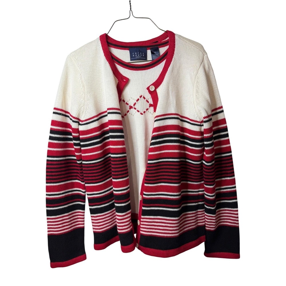 VTG Crazy Horse Women's Small Red White Black Stripe Cardigan & Argyle Shell Set